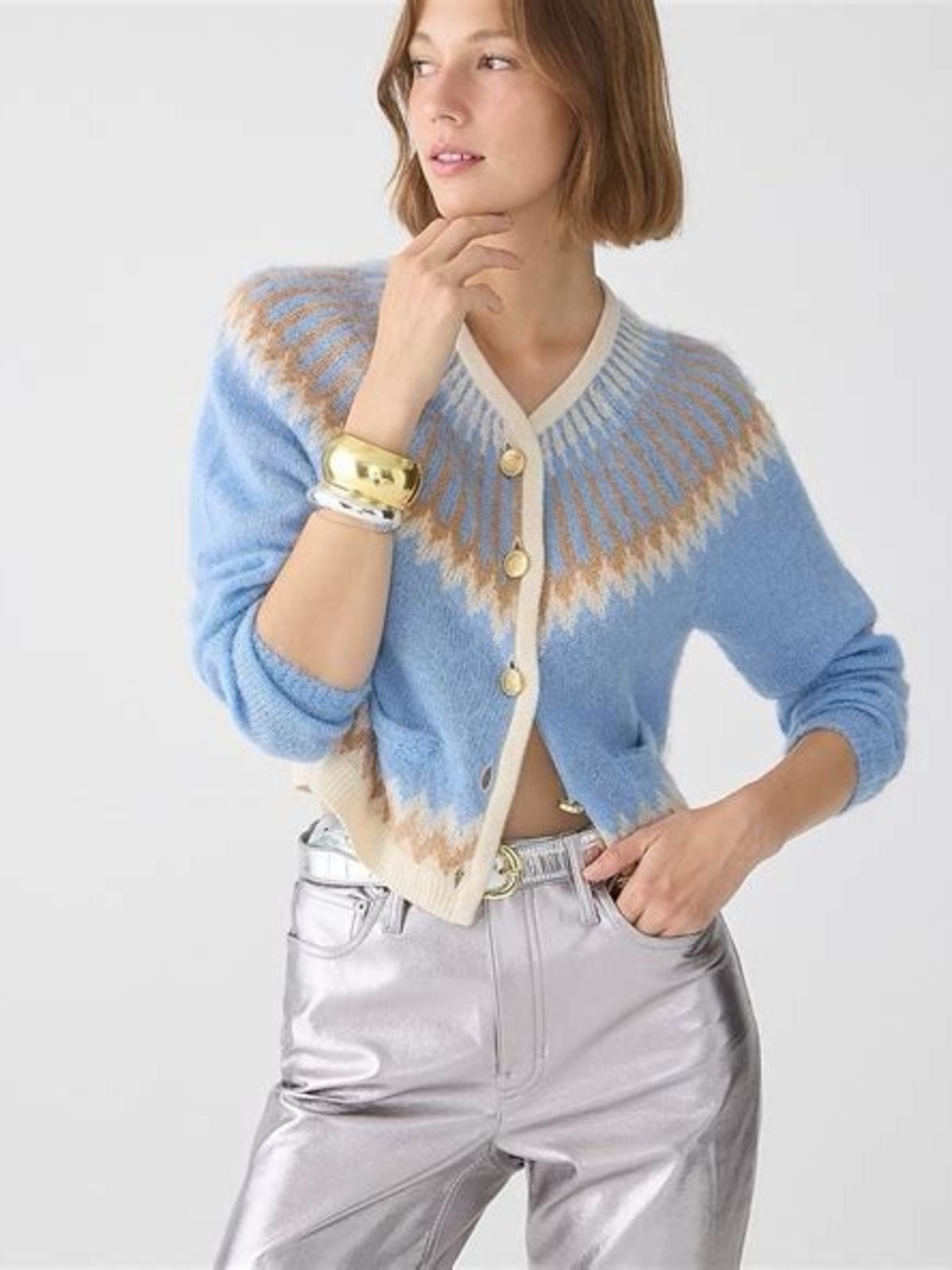 J.Crew Fair Isle Brushed Yarn Cardigan Sweater Blue/Tan Size M Preppy Fairy Cute
